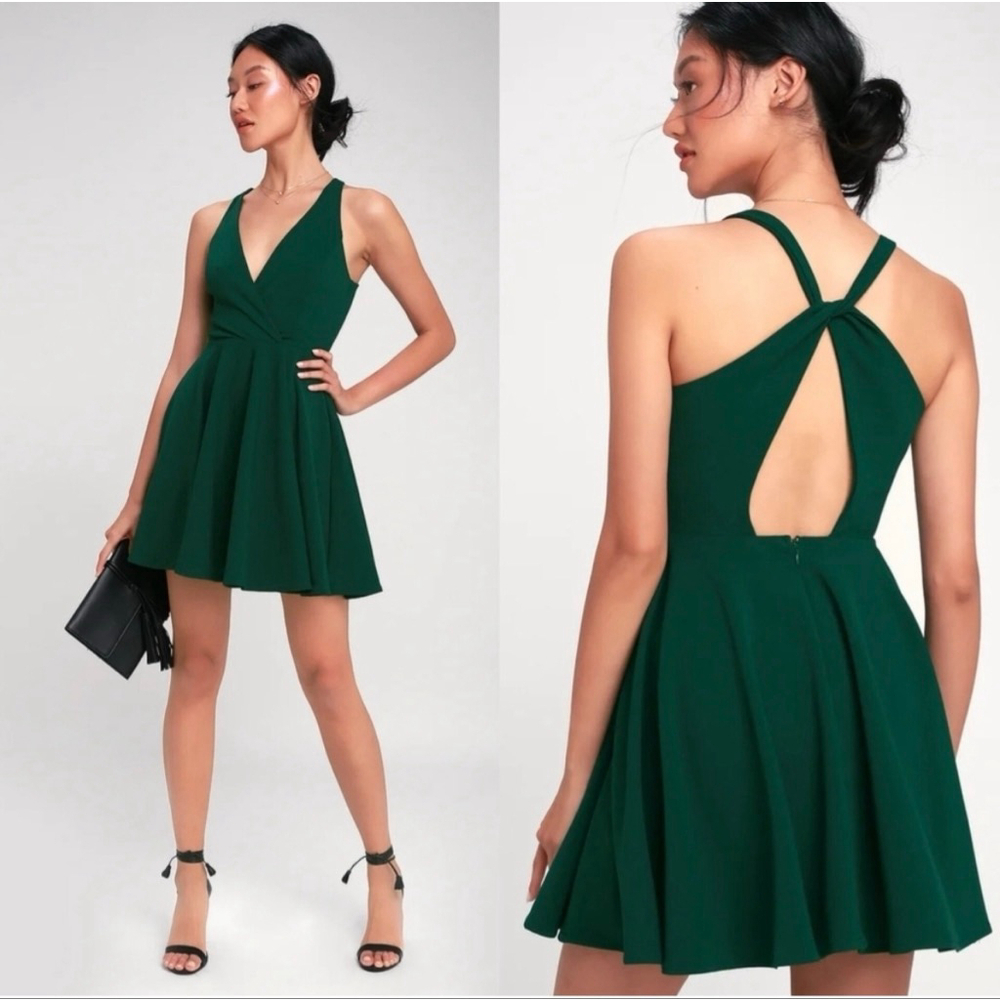 Lulus Green Wonder Whirl Dark Green Twist Back Skater Dress S